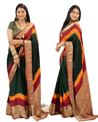 Image of Wedding Bandhani Art Silk Saree with Blouse Piece - Traditional Tie Dye 3D Concept Multicolor Festival Yellow Color Georgette Saree