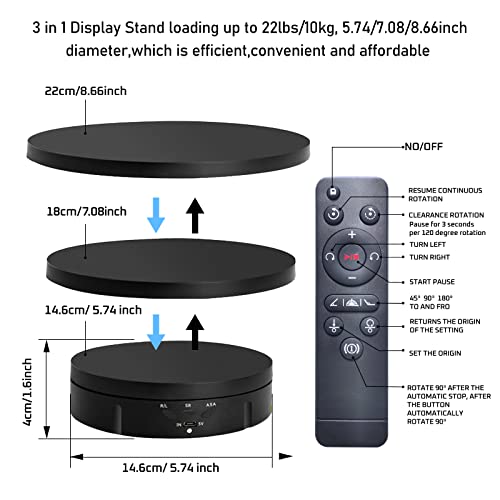 JAYEGT 3 in1 Motorized Rotating Display Stand with 5.74 /7.08/ 8.66 inch Replacement Cover,Max 22lbs Load,360 Electronic Turntable for Photography Products (3 in1 / Black/ With Remote controller)
