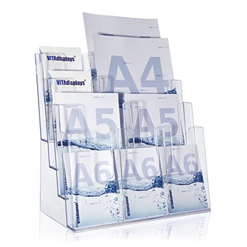 Taymar Prospektständer Tribüne für DIN A4, A5, DIN lang, DL, A6 Flyer, flexibler, transparenter Tischprospektständer als standfester Aufsteller, Flyerständer mit 4 Etagen, optional als Wand-Prospekthalter