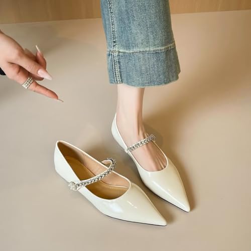 ChaiRong Zhou Women Pointed Toe Mary Jane Shoes Hook and Loop Rhinestone Strap Patent Leather Flats Casual Ballet Dress Shoes4