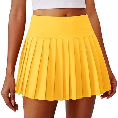 PINSPARK Golf Skorts for Women with Pockets High Waisted Tennis Skirt Pleated Athletic Skirt with Shorts Yellow M
