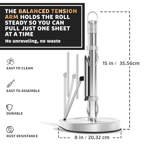 Stainless Steel Paper Towel Holder with Spray Pump – One-Handed Tear, Smart Traction System with Heavy Duty Suction Cups (Silver, Tension Arm with Spray Pump) by Dear Household - Used condition - Image 6