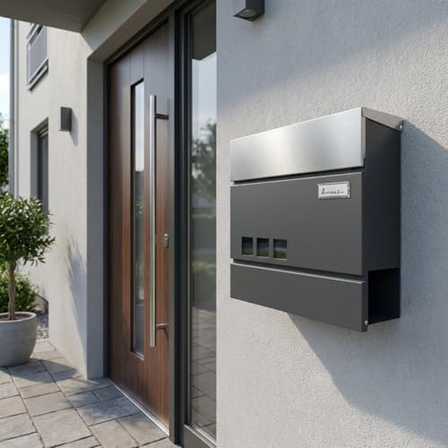 AMAAZU® Briefkasten anthrazit - Edelstahl, mit Sichtfenster und Namensschild, Postkasten mit Zeitungsfach, Schloss mit 2 Schlüsseln, Briefkästen mit Zeitungsrolle, Wandbriefkasten RAL7016, Postbox XXL