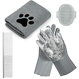 Hundewasch-Set, 4-in-1 Hundebade-Set mit Trockentuch, Waschhandschuhen, Metallkamm...