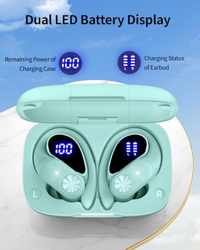 PocBuds Bluetooth Headphones Wireless Earbuds 80hrs Playtime Wireless Charging Case Digital Display Sport Ear buds with Earhook Deep Bass IPX7 Waterproof Over-Ear Earphones for Phone Laptop Mint Green - 4