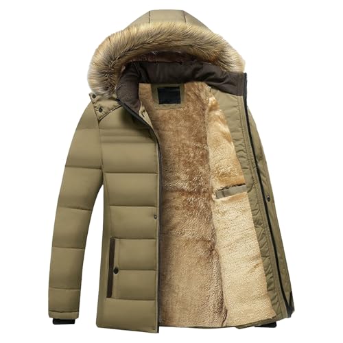 Herr fuskpäls huva varm vinterjacka fleece fodrad päls huvtröja parkas rock män vattenavvisande vindtät jacka, Khaki, L