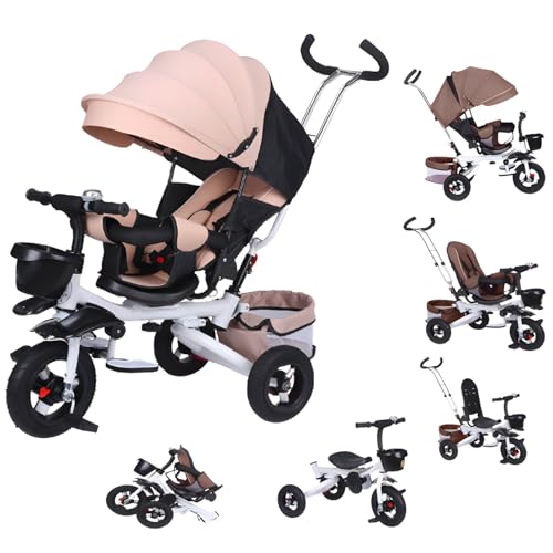 Kids Tricycle for Riders Ages 18 Months+,5-in-1 Tricycle Stroller,Adjustable Push Handle, Rotatable Seat,Retractable Canopy,Folding Baby Tricycle,w/Detachable Guardrail, Footrest,Khaki