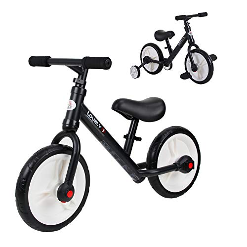 HOMCOM Bicicleta de Equilibrio con Pedales y Ruedas Entrenamiento Extraíbles de Asiento Regulable 33-38cm Niños +24 Meses Carga 25kg Negro
