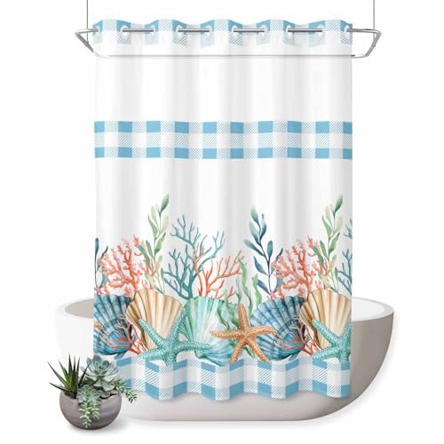 No Hooks Shower Curtains,Marine Life Starfish Shell Coral Waterproof Shower Curtain with See Through Mesh Top Window,Ocean Theme Blue Checker Bath Curtains for Home Hotel Bathroom Decor 60W x 72L