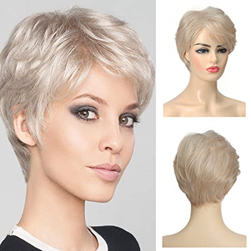 Baruisi Short Layered Blonde Wigs for Women Synthetic Heat Resistant Cosplay Pixie Wig with Bangs