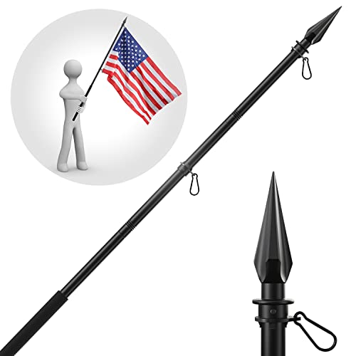 Handheld Flag Pole With Obelisk Topper, 5 To 8.5Ft Pole And Embroidered American Flag For Outside Portable Carry Use, Extendable Heavy Duty Black Flagpole Kit To Fly 2 Flags Together, Spear Finial #TOP9