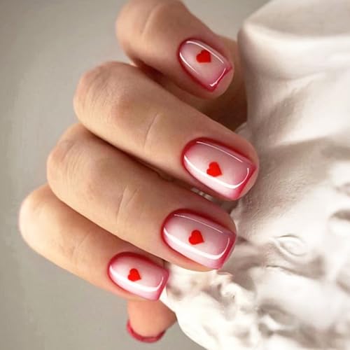 24 個バレンタインデープレス爪ショートスクエア付け爪ラブリーハートスティック爪フレンチチップアクリル爪