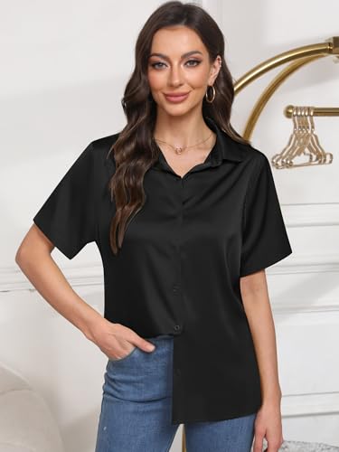 قميص حريري ساتان باكمام طويلة وازرار امامية للنساء، بلوزة كاجوال للعمل والمكتب، مقاس S، اسود، M