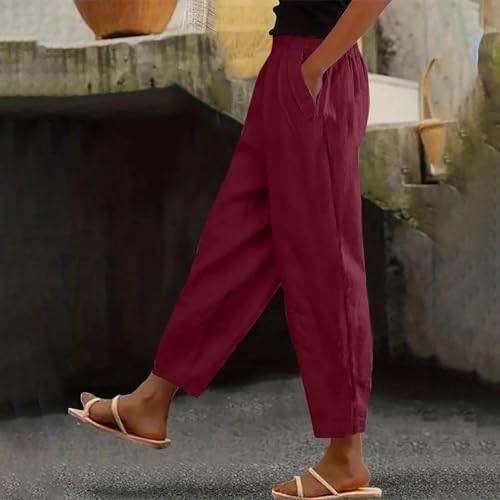 Hvyesh Linen Pants Women, Lightweight, Summer, Baggy, Comfy, Cropped Pants for Women, Elastic, High Waisted, Casual Pants2