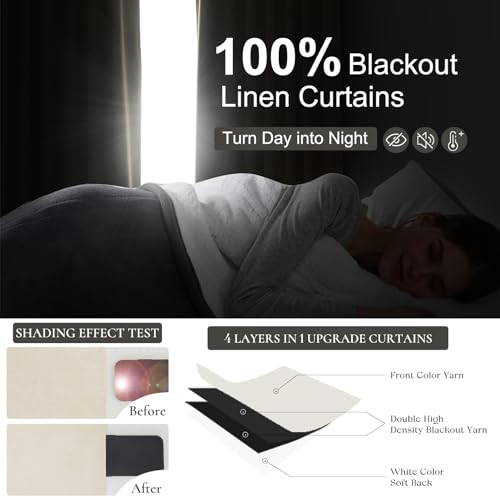 Image of Light Beige 100% Blackout Curtains for Office at Home /Playroom /Classroom, Noise Cancelling Thermal Curtains 90 Inch Length 2 Panels Set Neutral Modern Window Faux Linen Pinch Pleated Drapes(40x90)