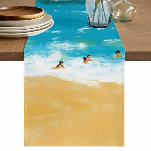 Summer Blue Beach Cotton Linen Table Runner for Dining Kitchen, Vintage Coastal Sea Cruises Oil Painting Wedding Outdoor Party Tablerunners, Dresser Scarf Coffee Tablecloth Runners 13x60 Inches
