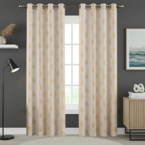 Image of KALIYO Cream Velvet Room Darkening Curtain with Gold Foil Floral Print | Eyelet Window Curtain | Soft Luxury Fabric | 7 Ft | Pack of 2