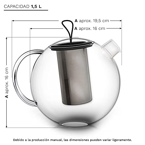 Creano Tetera JUMBO, Tetera de Vidrio en 3 Piezas en un Juego de Tetera con Filtro Integrado de Acero Inoxidable y Tapa de Vidrio | 1,5L - Imagen 3