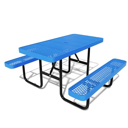 48'' Rectangular Steel Picnic Table for Outdoors,Commercial Metal Picnic Table Bench Set with Umbrella Hole,School Canteen Table W/Seats - Heavy Duty Sturdy Picnic Tables Furniture for Patio Garden
