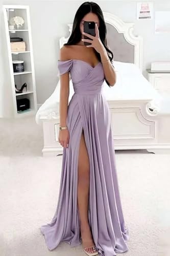 Fair Lady Bridesmaid Dresses for Women Long Satin Ruffle Off The Shoulder Formal Evening Party Gowns with Slit2