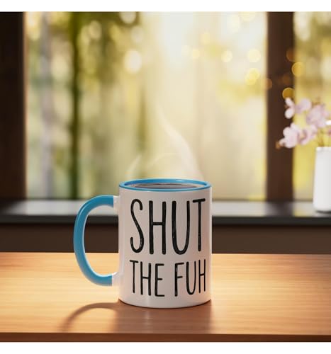 Taza de cerámica sarcástica Shut The Fuh 11 onzas azul y blanca miniatura 3