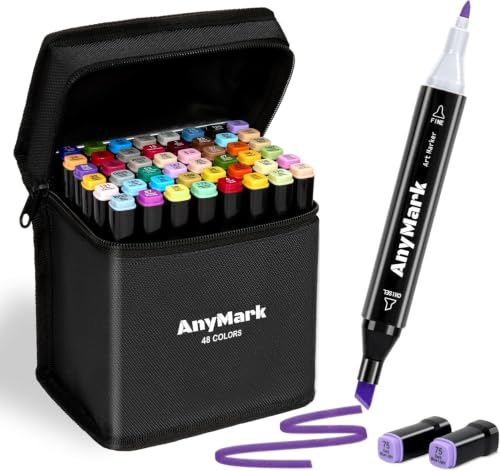 Image of AnyMark Alcohol Markers, 48 Colors Dual Tip Art Colouring Markers Set