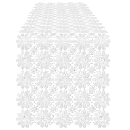 Chemin de table décoratif polyester blanc 40 x 180 cm en dentelle légère - 2