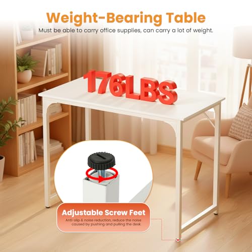 Image of PayLessHere | 32 Inch Computer Desk | White | Office Desk with Metal Frame, Adjustable Feet | Water-Resistant, Scratchproof Surface | Sturdy Writing Table for Home Office or Study | Pack of 1