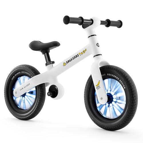 ROCKBROS Kids Balance Bike No Pedal Toddler Toy for 2-5 Years Old, 12" Anti-Slip & Auto-Glow Wheels, Lightweight 7 lbs, Adjustable Seat (13.3-15.7"), Safe 360° Steering for Boys & Girls, White
