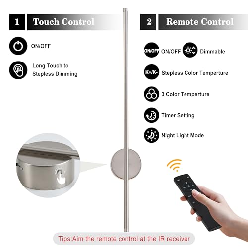 Image of Battery Operated Modern Wall Sconces, Dimmable Wireless Wall Light Set of Two with Remote Control, 3 Color Temperatures, Rechargeable LED Wall Sconce for Bedroom, Living Room,Hallway, 27.6 Inch Nickel