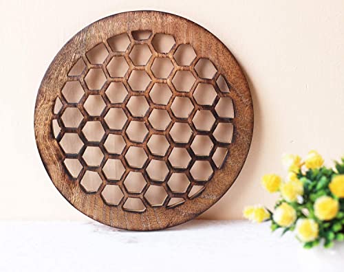 Set Of 2 Wooden Honeycomb Trivet For Hot Dishes Plates & Pots Holder Hot Pad For Kitchen & Dining Table Décor Cookware Heat Resistant Rustic Decorative Carvings 8 Inches #TOP1