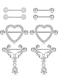 Boao 4 Pairs Stainless Steel Nipple Rings Rhinestone Barbell Tongue Rings Body Piercing Jewelry for Women Girls (Silver Color)