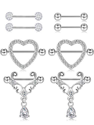 Boao 4 Pairs Stainless Steel Nipple Rings Rhinestone Barbell Tongue Rings Body Piercing Jewelry for Women Girls (Silver Color)