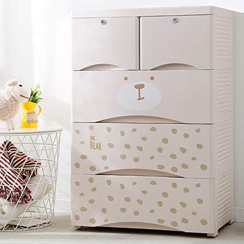 Nafenai Plastic Drawer Dresser for Clothes, 5 Drawer Kids Dresser Storage Cabinet with Locks, Storage Organizer Unit for Bedroom, Kids Playroom, Study Room, Entryway, Hallway - Bear Cartoon