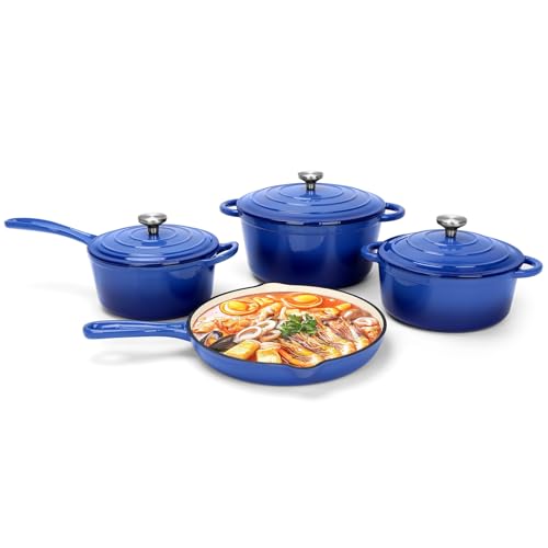 Enameled Cast Iron Cookware Set, 7-Pcs Pots and Pans with Lid, Skillet, Frying Pan, Saucepan & Dutch...