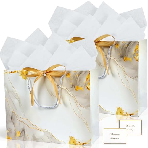 White Gold Gift Bags, 2PCS 13” Large Gift Bags with Tissue Paper and Greeting Cards, Gift Bag with Handles Bow for Women Girls, White Gift Bags for Birthday Wedding Bridal Baby Shower Anniversaries