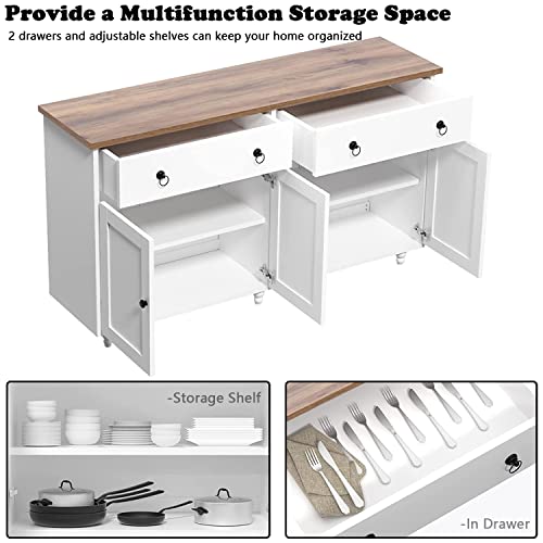 Sideboard Buffet Cabinet Storage Cabinet 55” Kitchen Buffet Cabinet, Coffee Bar Cabinet With 2 Drawers & 4 Doors Adjustable Shelves, White Buffet Cabinet For Dinning Room Living Room, White #TOP4