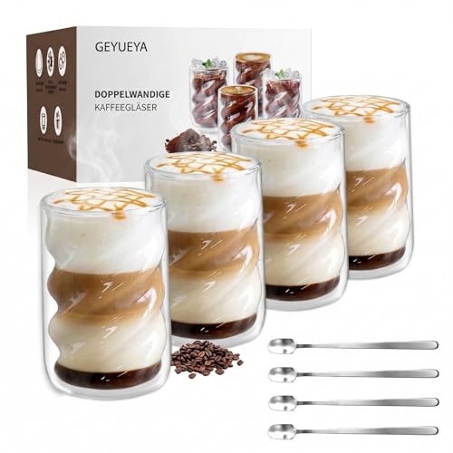 Latte Macchiato Gläser 350ml 4er Set - Thermoglas Doppelwandige Kaffeegläser, Cappuccino Tassen, Kristallklar Mit Löffeln Bleifrei Cadmiumfrei Für Heiß Und Kaltgetränke