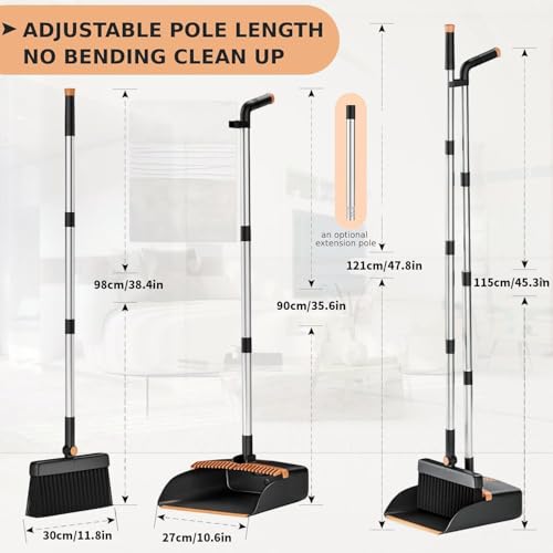 Image of Broom and Dustpan Set, Cleaning Supplies Broom and Dustpan Set for Home, Long Stainless Steel Handle Brooms with Upright Dustpan Combo Set for Home Office Kitchen Lobby Floor Cleaning