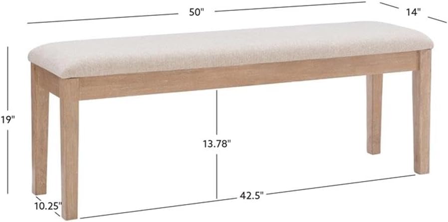 Linon Miles Sturdy Wood Bench Light Beige Padded Seat in Natural Lacquer Finish