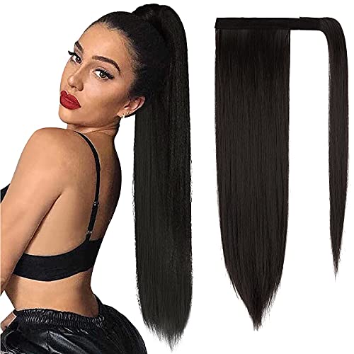 OKHOTY Straight Ponytail Extensions 28/20 Inch Long Wrap Around Synthetic Hair Piece Clip in Ponytail Hair Extensions Hairpiece for Women(28'', Natural Black)