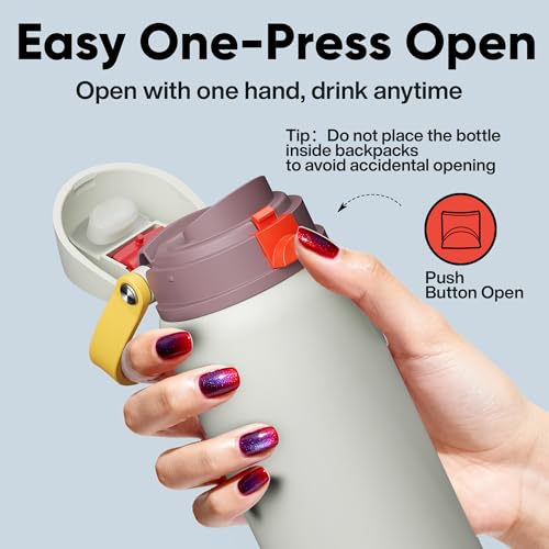 Image of Insulated Water Bottle with Straw - Encool Stainless Steel Water Bottle with Push Button Lid, Leak-Proof & BPA-Free, Keeps Cold for 24 Hours for Sports, Travel, Gym (32 oz, Quill Grey-Red)