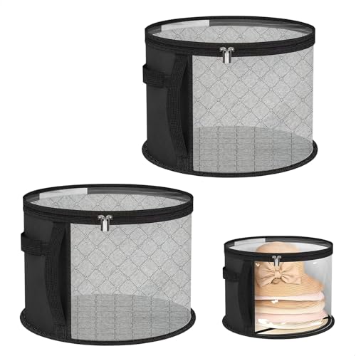 jinminamz 2 cajas redondas con tapa, organizador de sombreros plegable con tapa y cremallera, 42 cm × 28 cm, organizador de sombreros redondos para gorros redondos grandes, sombreros de vaquero