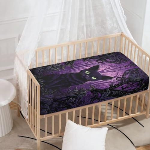Image of Halloween Baby Crib Sheets for Boys Girls Gothic Cat Cribs Sheet Nursery Bedding Set Fitted for Pack and Play Breathable Mattress Cover Nursery Decor Toddler Gifts