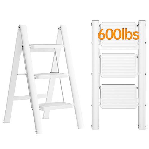 Joiscope 3 Step Ladder, Folding Step Stool For Adults With Widening And Thicken Non-Slip Pedals, 600Lbs Lightweight Portable & Collapsible Ladder Perfect For Home Kitchen Library, Frame, White #TOP16