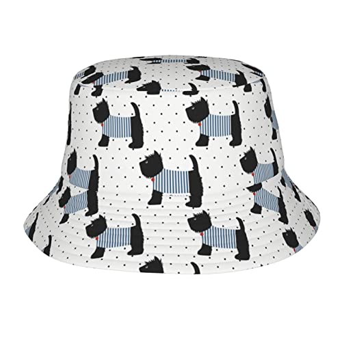 Cute Animal of Scottie Dog Pattern Bucket Hat for Women Men Sun Cap Outdoor Fisherman Hat Headwear Beach Hats for Travel Picnic Black