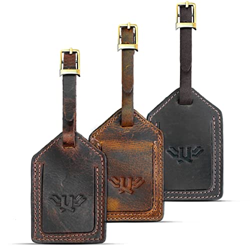 Genuine Leather Luggage Tag - TSA Approved Suitcase ID Tags Baggage Identifiers for Men Women with Privacy Cover | Travel Suitcase Tags | Pack of 3 - Assorted Colors