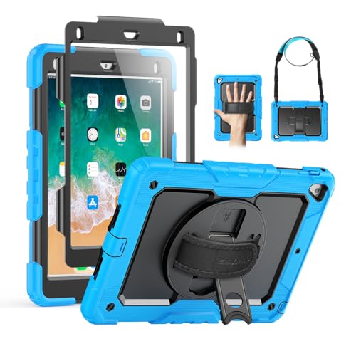 Coque iPad 6e/5e génération SEYMAC pour enfants avec support et protège-écran bleu