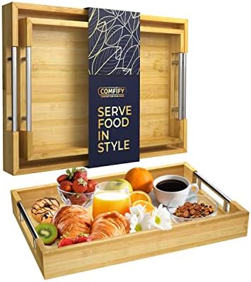 Comfify Decorative Bamboo Serving Trays with Silve...