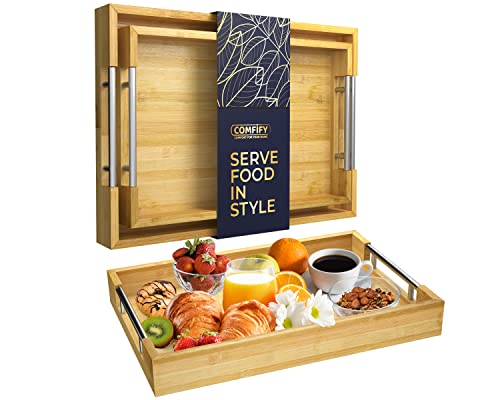 Comfify Decorative Bamboo Serving Trays with Silver Stainless Steel Handles – 2-Piece Set for Coffee Table, Ottoman, Breakfast in Bed, Jewelry & Decor Organization – 12"x17" – Pure Bamboo Finish